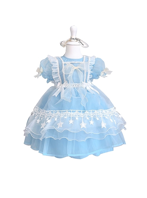 Pure Color Court Style Puff Sleeve Lace Stars Sweet Lolita Kids Short-Sleeved Dress  |  Kids Dresses