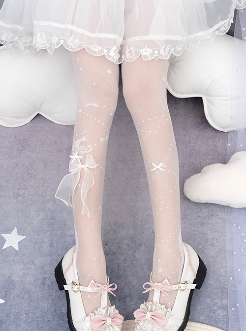 Pure Color Moon Flower Print Stereoscopic Bowknot Decoration Gorgeous Sweet Classic Lolita Summer Pantyhose  |  Lolita Socks