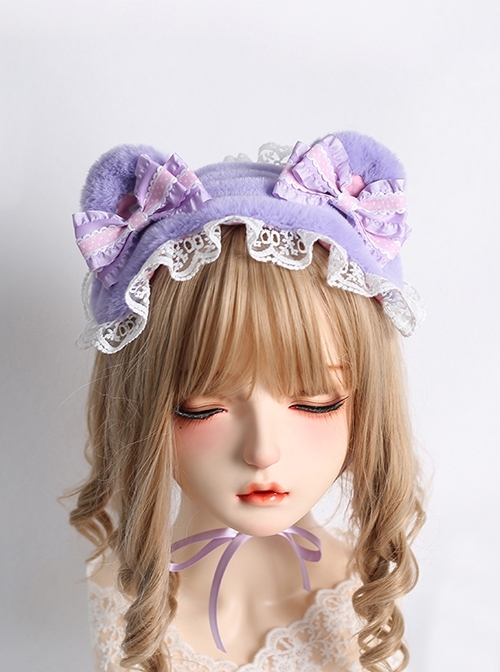 Pure Color Polka Dot Bowknot Lace Decoration Cute Plush Bear Ears Sweet Lolita Headband  |  Lolita Headbands