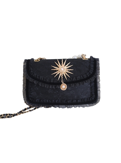 Pure Color PU Dark Style Sun God Decorate Pearl Metal Chain Messenger Handbag All-Match Gothic Lolita Bag  |  Lolita Bags