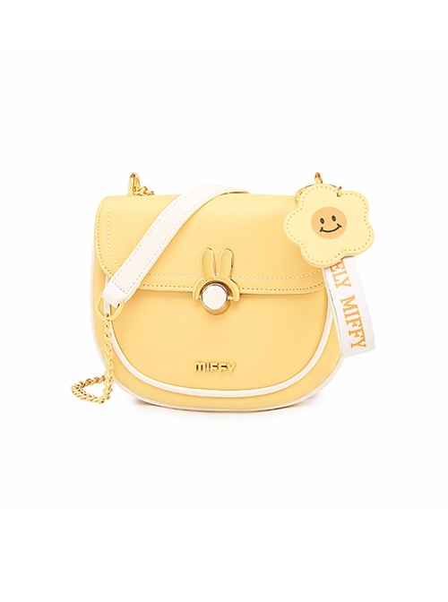 Pure Color PU Saddle Bag Gentle Korean Version Metal Chain Smiling Face Sunflower Pendant Sweet Lolita Messenger Bag  |  Lolita Bags