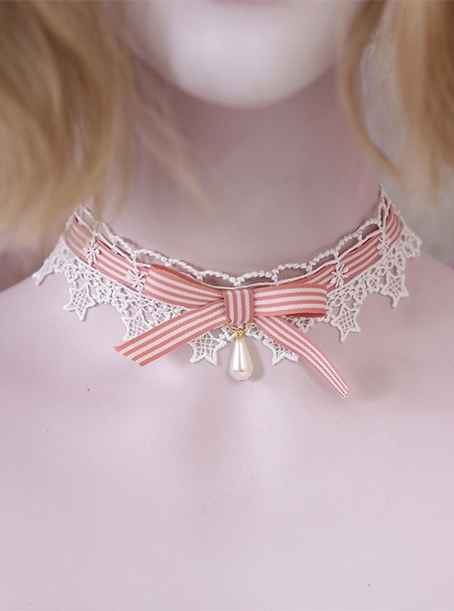 Pure Color Stripe Ribbon Bowknot Water Drop Pearl White Star Lace Sweet Lolita Necklace  |  Lolita Necklaces