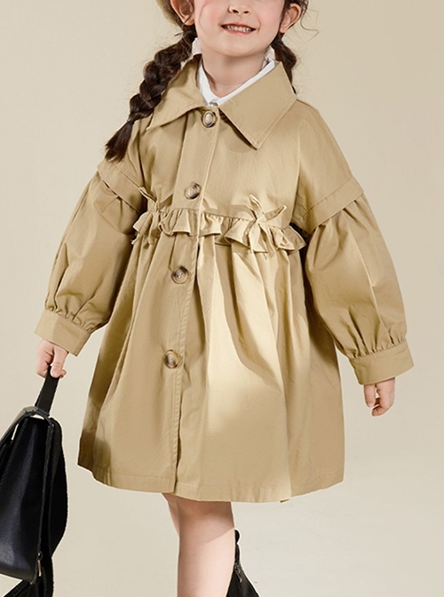 Pure Cotton Lapel Ruffled Stitching Lantern Sleeve Retro Gradient Button School Lolita Kids Long-Sleeved Coat  |  Kids Coat