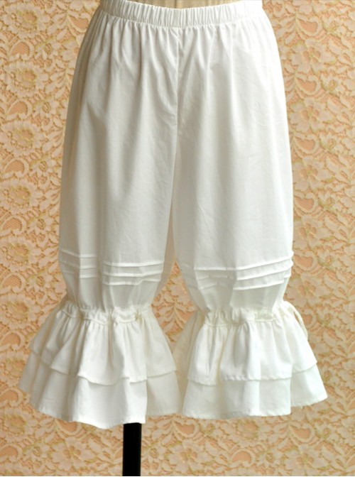 Pure Cotton White Double-deck Flounced Wide-leg Lolita Bloomers  |  Lolita Bloomers