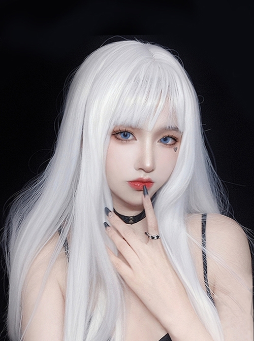 Pure White Cool Girl Cyberpunk Style Long Straight Hair Qi Bangs Lolita Wigs  |  Wigs