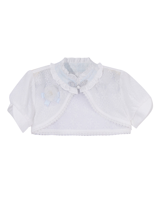 Pure White Jacquard Embroidered Pearl Trim Classic Lolita Stand Collar Kid Shawl Coat  |  Kids Coat