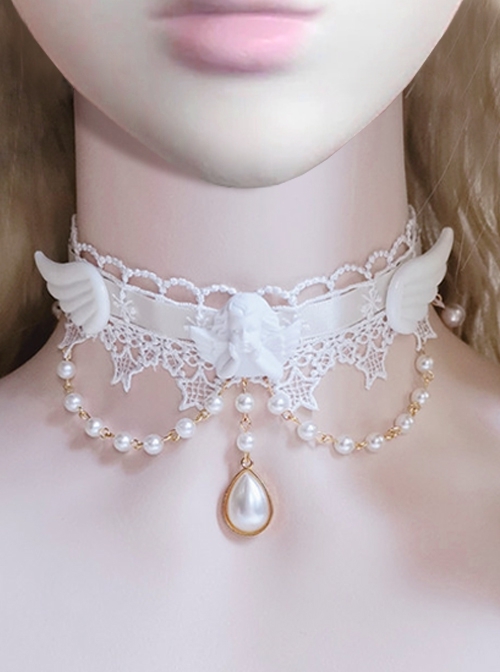 Pure White Little Angel Wings Star Lace Vintage Pearl Pendant Baroque Collarbone Chain Classic Lolita Necklace  |  Lolita Necklaces