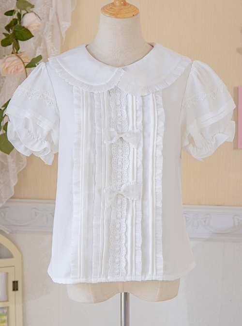 Pure White Pleated Sweet Doll Neckline Lantern Sleeve Decoration Sweet Lolita Blouse  |  Blouses