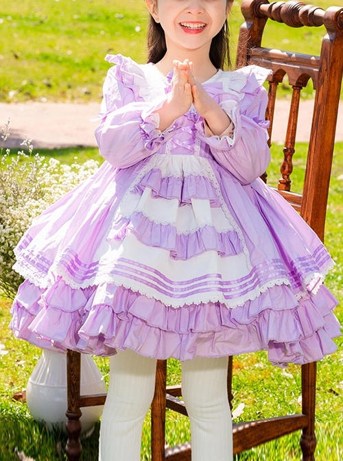 Purple Bow Knot Round Neck Stitching Lantern Sleeve Ruffle Hem Sweet Lolita Kids Long Sleeve Dress  |  Kids Dresses