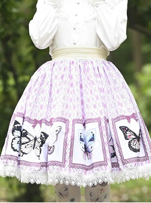 Purple Daily Cute And Sweet Butterfly Print Decoration Lace Trim Classic Lolita Pleated Skirt  |  Skirts