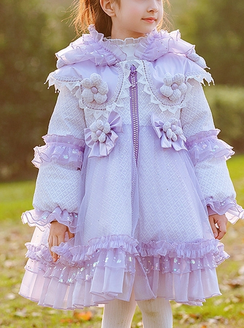 Purple Fantasy Cute Flower Lace Edge Winter Down Warm Sweet Lolita Kids Long-Sleeved Coat  |  Kids Coat