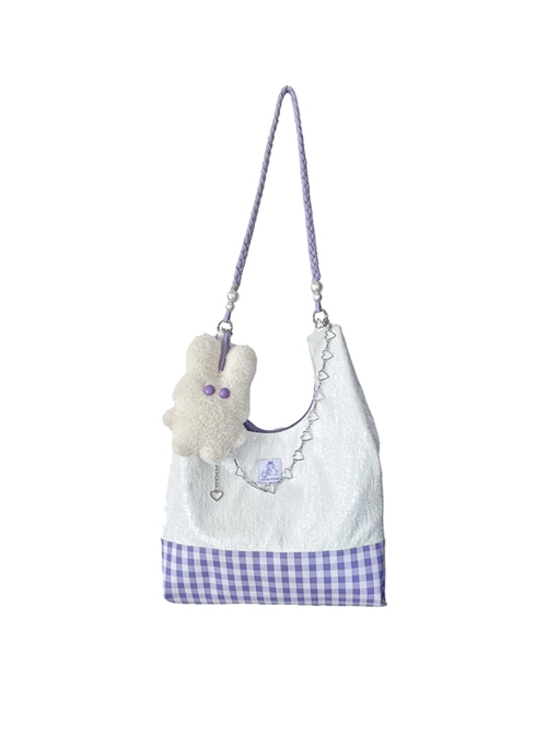 Purple Plaid Contrasting Color Vest Style Large-Capacity Messenger Bag Sweet Lolita Detachable Cute Rabbit Metal Chain Decoration  |  Lolita Bags