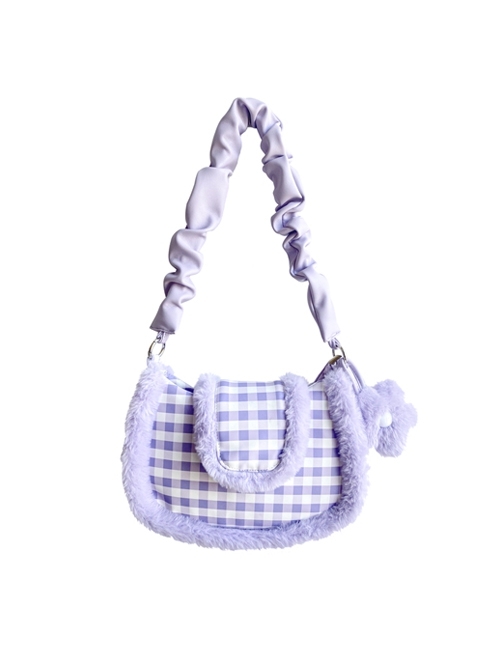 Purple Plaid Plush Flower Decoration Autumn Winter Girly Sweet Lolita Portable Shoulder Bag  |  Lolita Bags