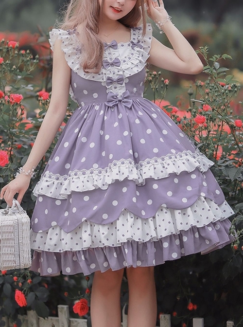 Purple Polka Dot Bow Lace Ruffle Cake Dress Classic Lolita Sleeveless Dress  |  Classic Lolita Dresses