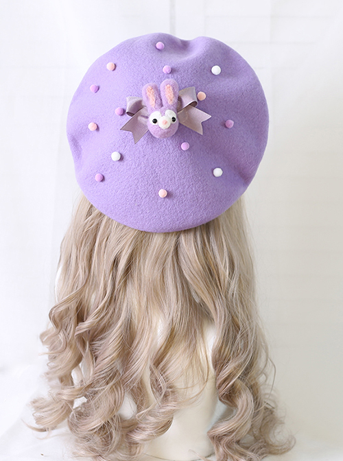 Purple Rabbit Autumn Winter Woolen Cloth Beret Sweet Lolita Bowknot Rabbit Brooch Hat  |  Lolita Headbands