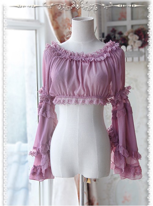 Purple-red Chiffon Lolita Super Short Top With Detachable trumpet Sleeve  |  Blouses