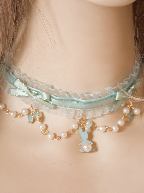 Rabbit Tea Party Series Peppermint Green Bowknot Pearl Sweet Lolita Short Necklace  |  Lolita Necklaces