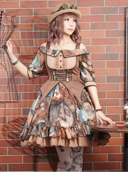 Rabbit Teeth ,Dream Pointer~ Steampunk Lolita Summer Mid-length sleeves OP Dress -The 2nd Round Pre-order  |  Punk Lolita Dresses