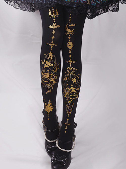 Rabbit’s Halloween Series Golden Printing Black Gothic Lolita Pantyhose  |  Lolita Socks