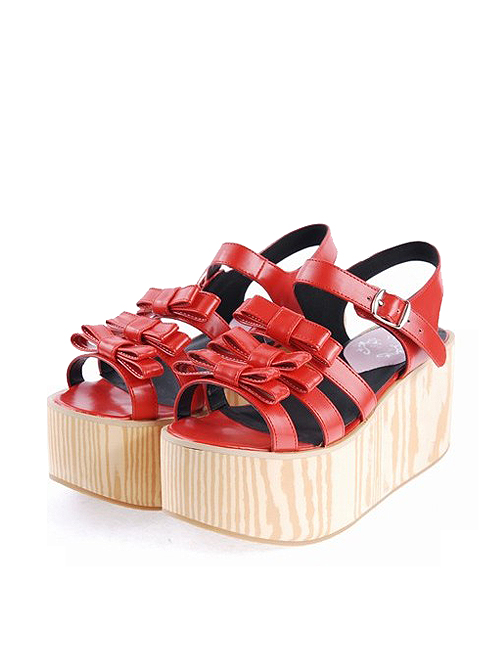 Red 3.1″ High Heel Stylish PU Strap Bow Decoration Platform Girls Lolita Sandals  |  Lolita Sandals