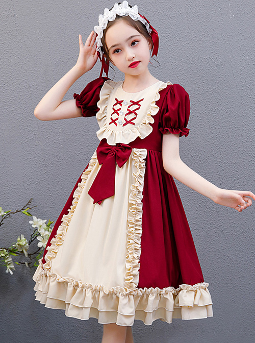 Red And Apricot Splicing Ruffled Children Classic Lolita Short Sleeve Dress  |  Kids Dresses