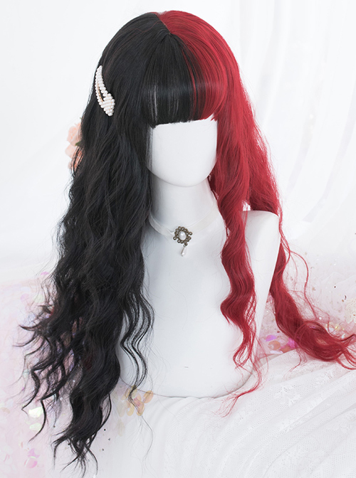 Red And Black Color Matching Harajuku Gothic Lolita Long Curly Wigs  |  Wigs