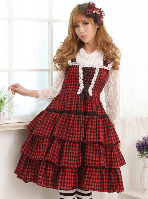 Red And Black Plaid Classic Lolita Sleeveless Dress  |  Plus Size Lolita Dresses