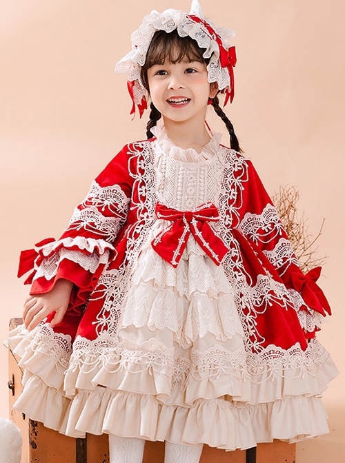 Red Autumn Winter Lace Bow-Knot Multi-Layer Hem Design Classic Lolita Kids Long Sleeve Dress  |  Kids Dresses