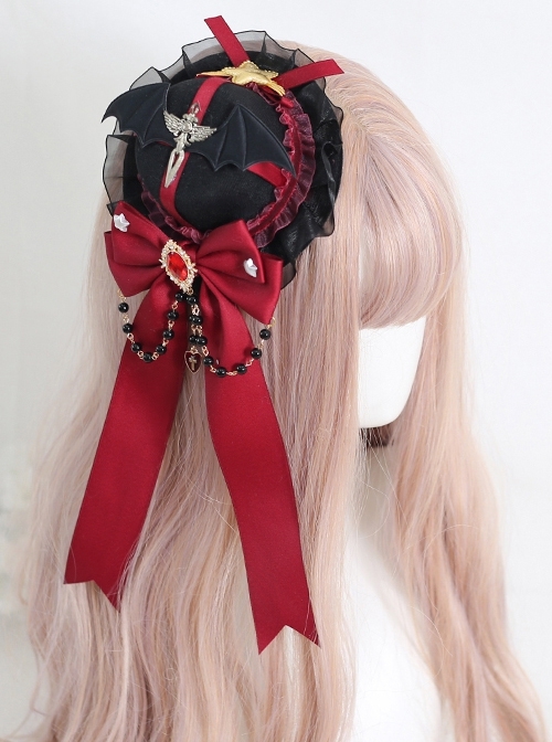 Red Bowknot Metal Beads Devil Small Wings Gothic Lolita Hairpins  |  Lolita Hairpins