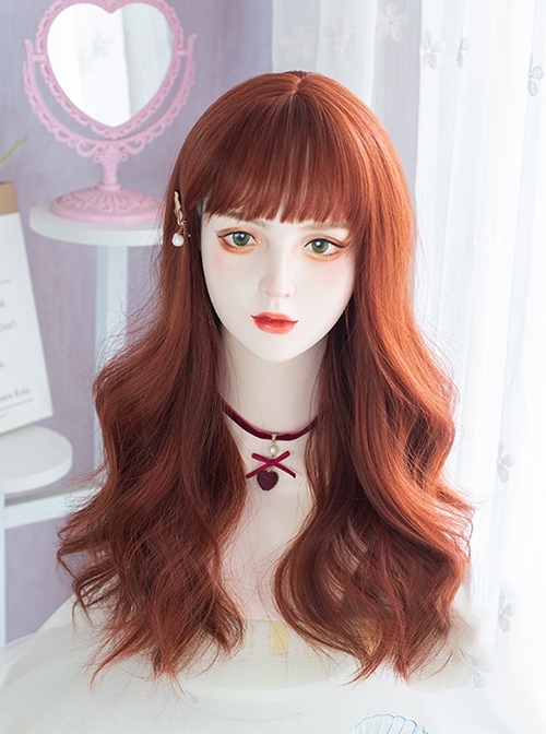 Red Brown Maple Leaf Color Daily Natural Qi Bangs Long Curly Hair Classic Lolita Wig  |  Wigs