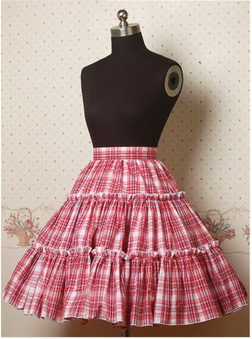 Red Check Pattern Ruffle Lolita Skirt  |  Skirts