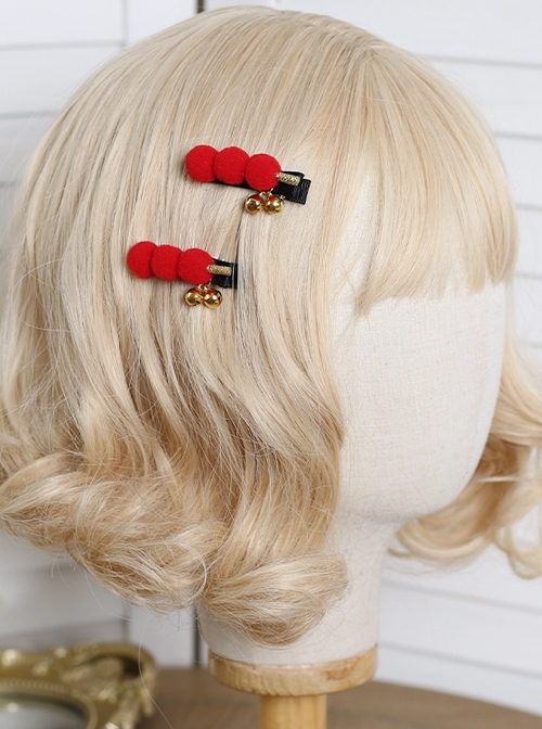 Red Cute Candied Haws Shaped Small Bells Decoration Chinese Style Lolita Plush Hairpins  |  Lolita Hairpins