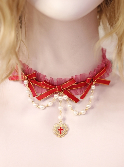 Red Lace Bowknot Bead Chain Decorated Heart Cross Gothic Lolita Necklace  |  Lolita Necklaces