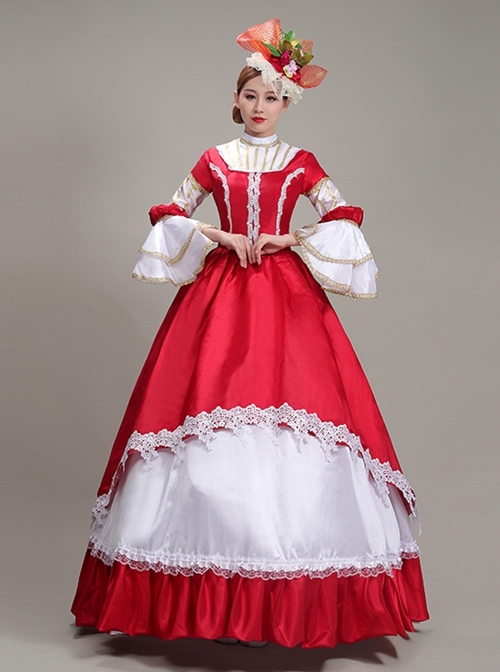 Red Long Retro Court Style White Stand Collar Long Sleeve Lace Drama Performance Prom Lolita Dress  |  Lolita Prom Dresses