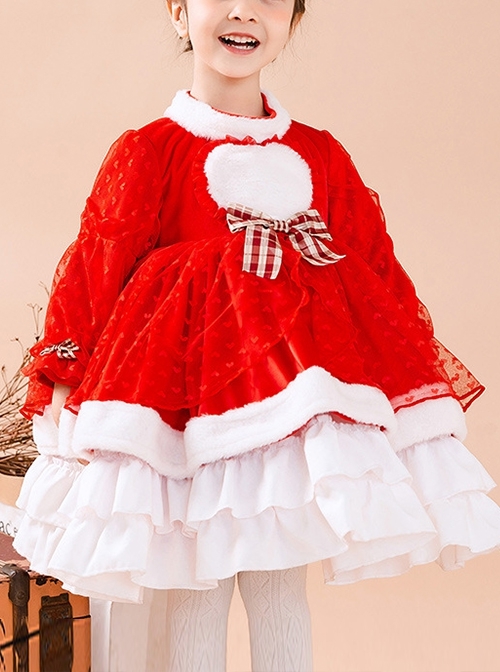 Red Love Polka Dot Plush Stand Collar Plaid Bow-Knot Decoration Winter Classic Lolita Kids Long Sleeve Dress  |  Kids Dresses