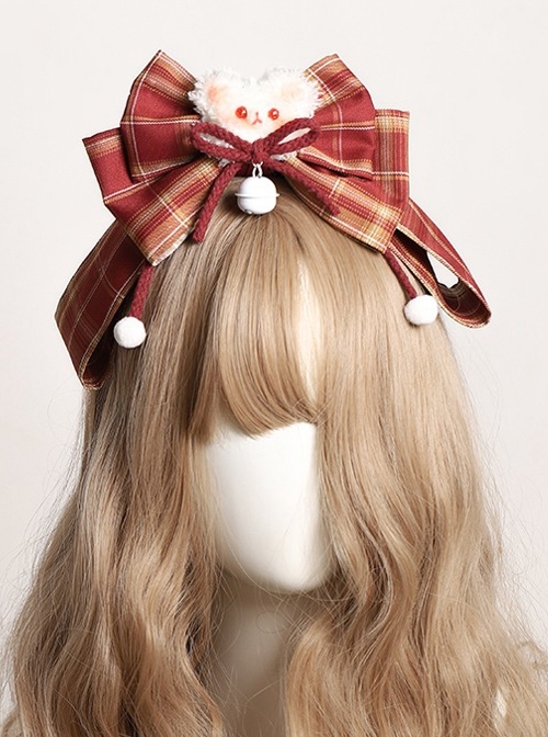 Red Plaid Bowknot Bell Design Plush Little Bear Christmas Sweet Lolita Detachable Headband  |  Lolita Headbands