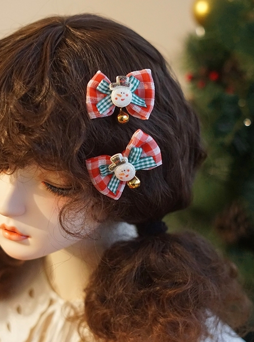 Red Plaid Green Plaid Bow-Knot Snowman Bell Christmas Classic Lolita Hair Clip  |  Lolita Hairpins