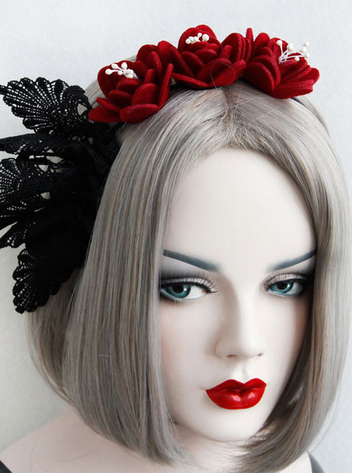 Red Rose Black Lace Gothic Lolita Headband  |  Lolita Headbands