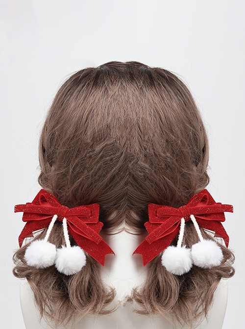 Red Shiny Bowknot Fur Ball Decorative Sweet Lolita Hair Clip  |  Lolita Hairpins