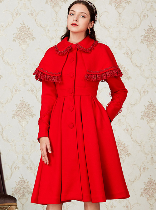 Red Single Breasted Classic Lolita Double-faced Cashmere Cloak Coat  |  Coat & Jacket