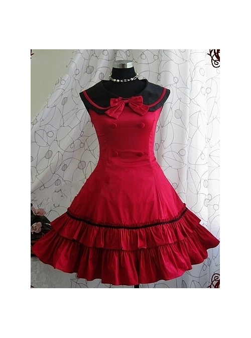 Red Sleeveless Bow Preppy Style Cotton Lolita Dress  |  School Lolita Dresses