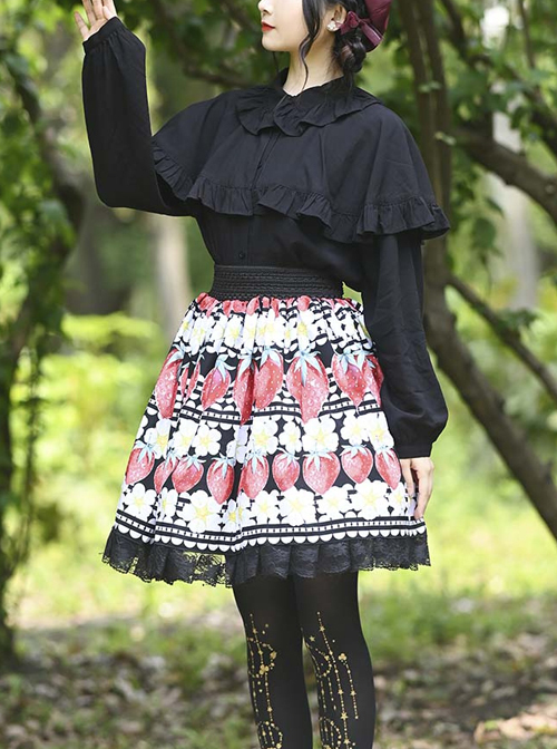 Red Strawberry White Flowers Printing Sweet Lolita Cute Lace Black Skirt  |  Skirts