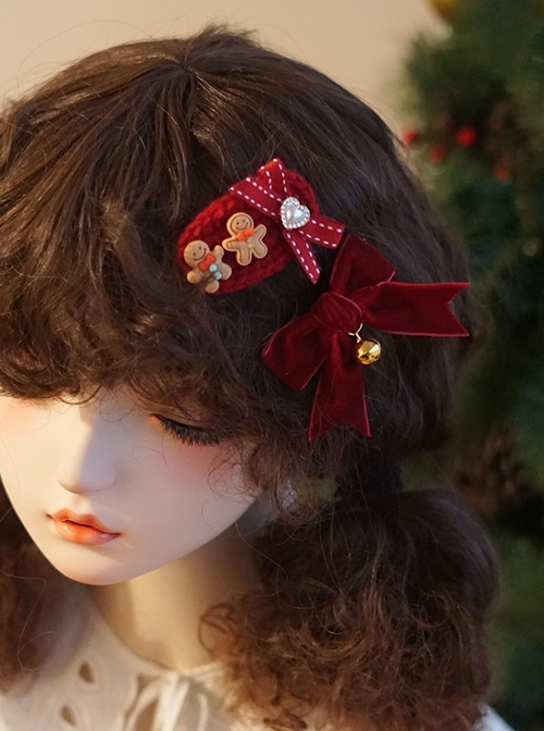 Red Velvet Bow-Knot Bell Decoration Gingerbread Man Christmas Classic Lolita Hair Clip  |  Lolita Hairpins