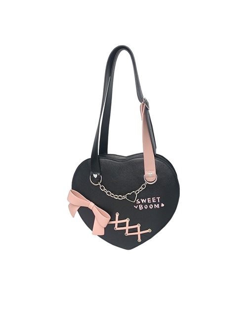 Retro Black Sweetheart Girl Heart Shape Chain Bowknot Decoration Sweet Lolita Portable Messenger Bag  |  Lolita Bags