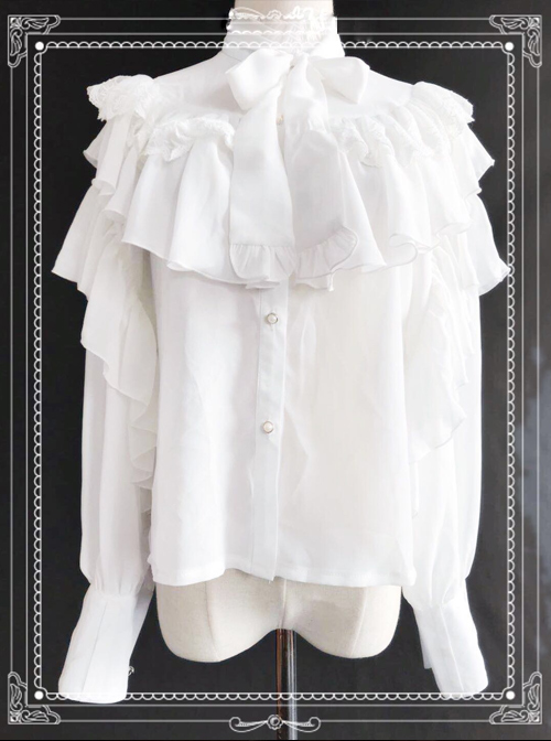 Retro Bowknot Chiffon Lolita Ruffles Long Sleeve Shirt  |  Blouses