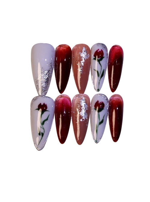 Retro Color-Jumping Hand-Painted Rose Gradient Drop-Shaped Detachable Finished Manicure Nail Pieces  |  Nails