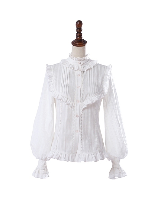 Retro Court Classic Lolita Pleated Lace Comfortable Jacquard Cotton White Long Sleeve Shirt  |  Blouses