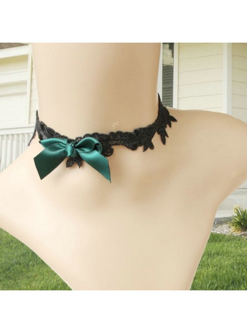 Retro Dark Green Bow Floral Lolita Choker  |  Lolita Necklaces