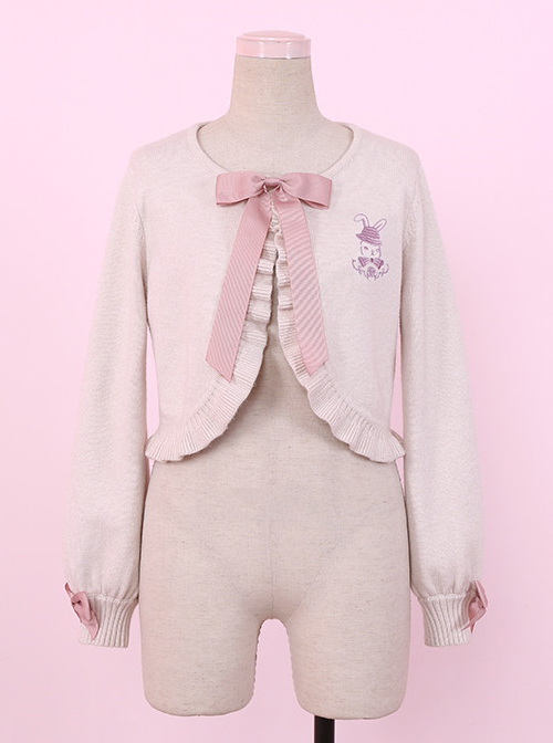 Retro Doll Rabbit Embroidery Short Detachable Fur Collar Lolita Knitted Cardigan  |  Coat & Jacket