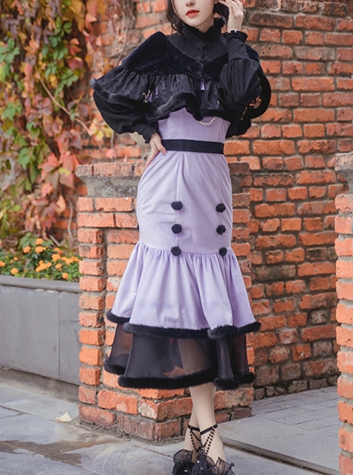 Retro Elegant Black Purple Velvet Stitching Black Translucent Hem Fishtail Skirt Shawl Classic Lolita Sleeveless Dress Set  |  Classic Lolita Dresses